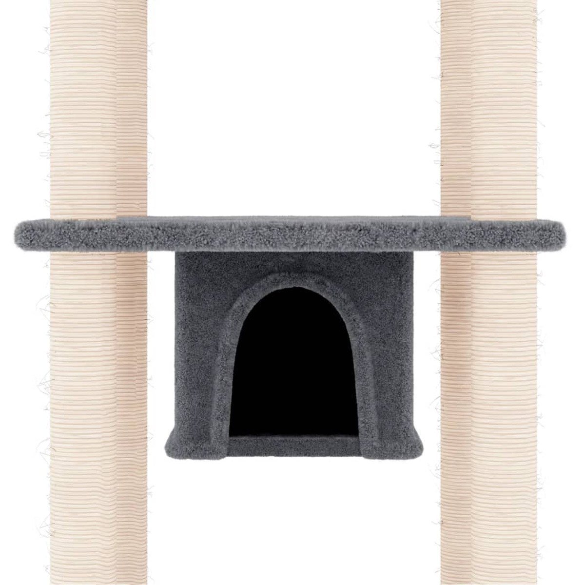 Katzenbaum mit grauer Höhle, Regal und zwei beigefarbenen Kratzbäumen.
