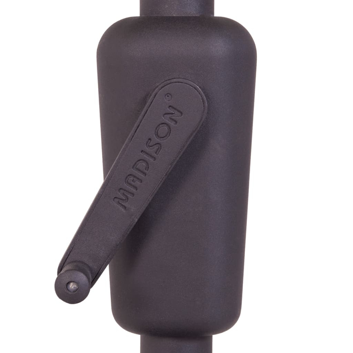 Black mechanism with the word "MADISON" on it. It has a handle. White background.