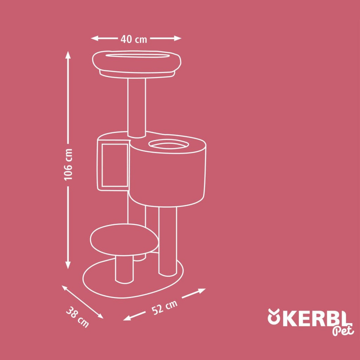 Diagramm eines Katzenbaums. Zeigt Abmessungen: Höhe 106 cm, Breite 38 cm, Länge 52 cm.