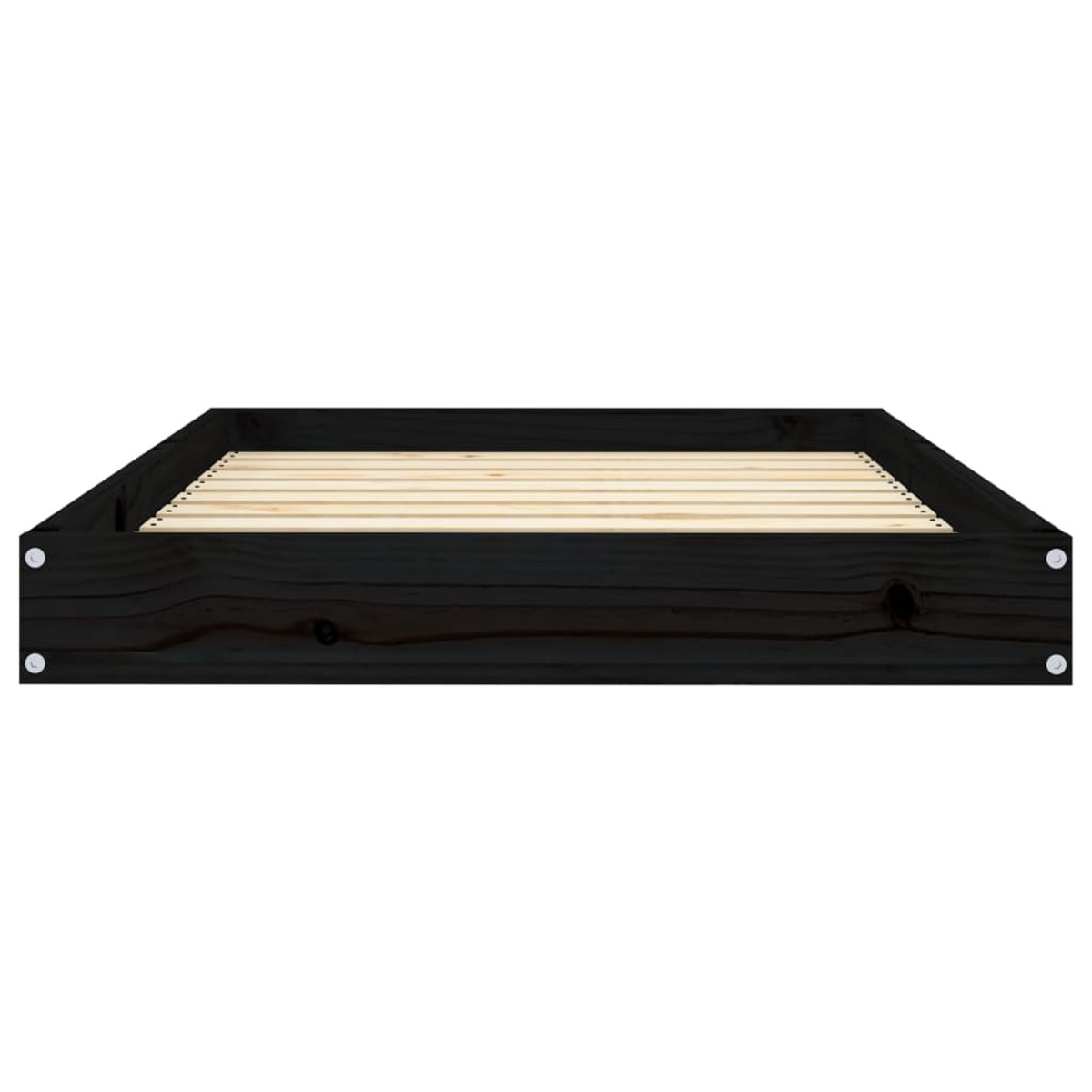 Schwarzer Holz-Bettrahmen, Unteransicht, Holzlatten sichtbar.
