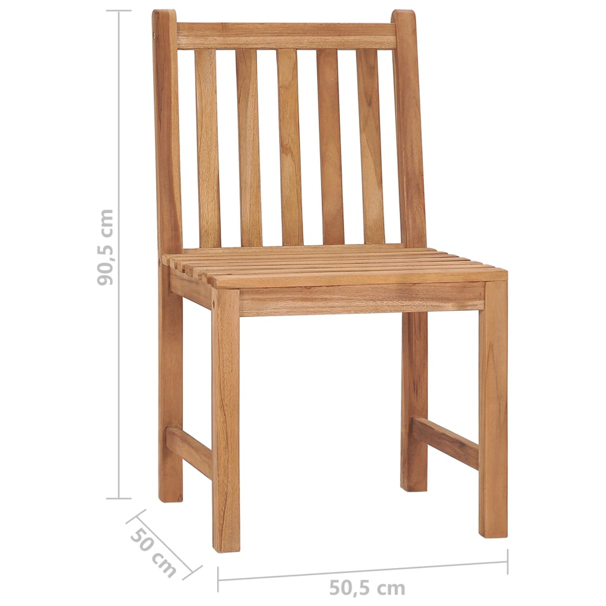 Holz-Außenstuhl mit Maßen. Verfügt über eine Sitzfläche und Rückenlehne aus Latten, zeigt Holzmaserung.