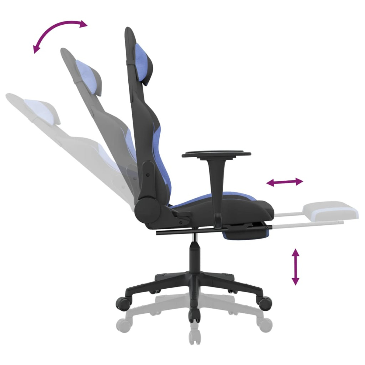 Ein schwarz-blauer Gaming-Stuhl mit verstellbaren Funktionen, von der Seite gesehen.