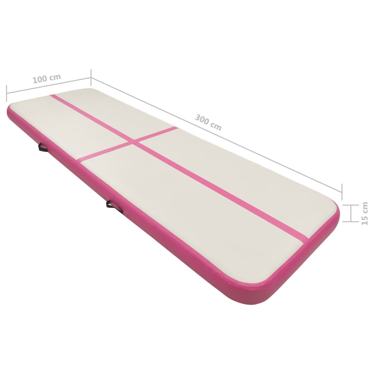 Un tappeto gonfiabile per pista aerea. È bianco con strisce rosa e ha dimensioni etichettate.