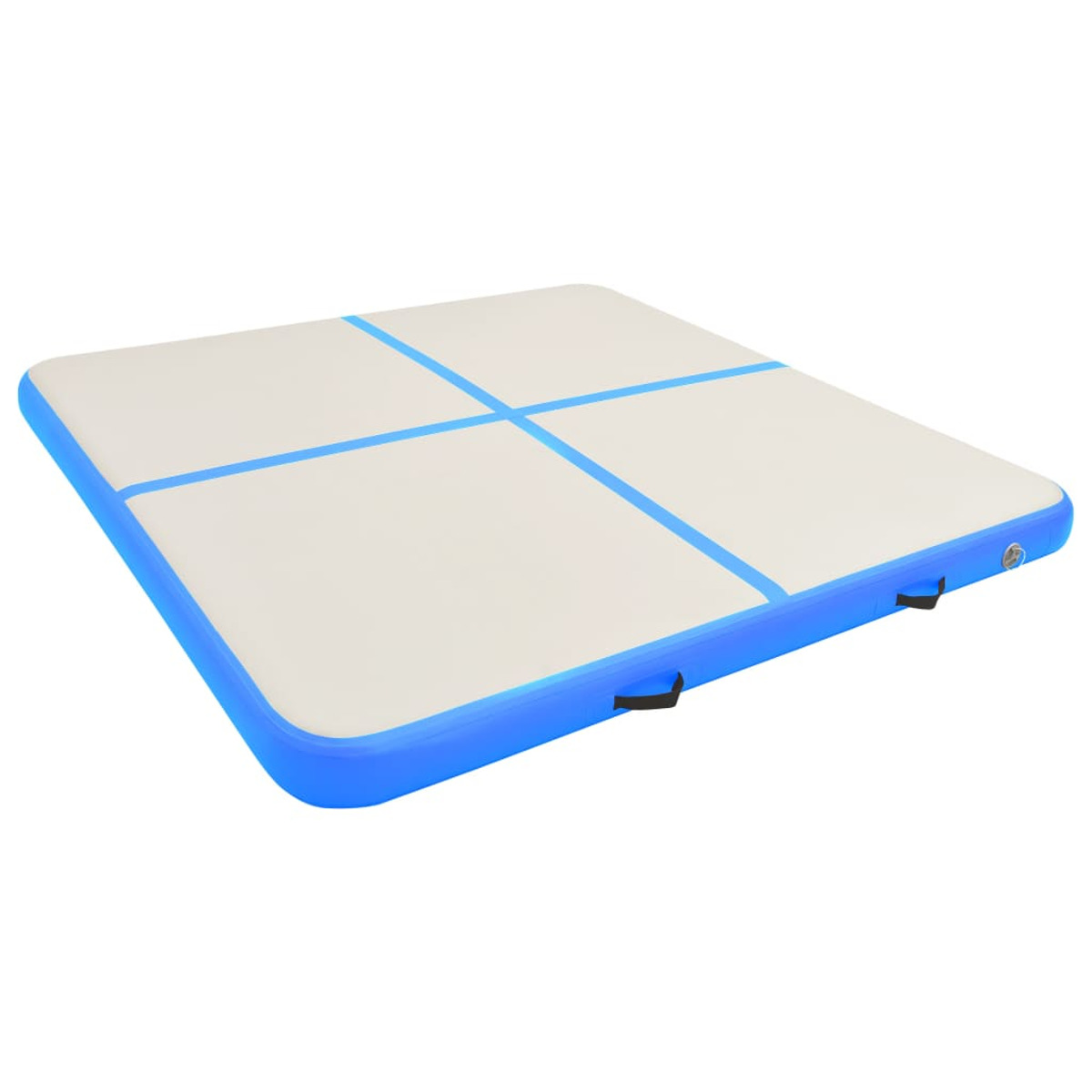 Colchoneta de gimnasia inflable azul y blanca.