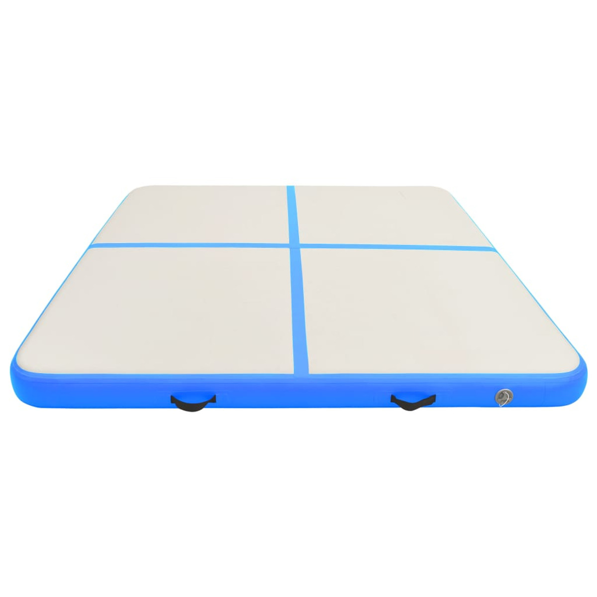 Pista de aire de gimnasia inflable. Lados azules, parte superior blanca con líneas azules. Fondo blanco.