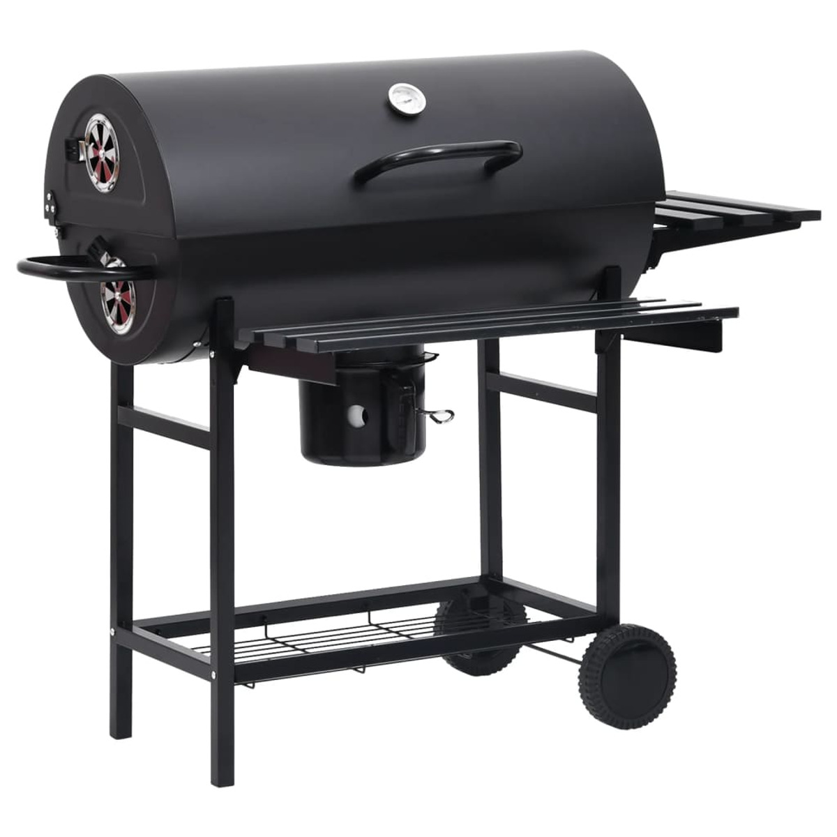 Schwarzer Fassgrill mit Seitenablage, Rädern und Temperaturanzeige.