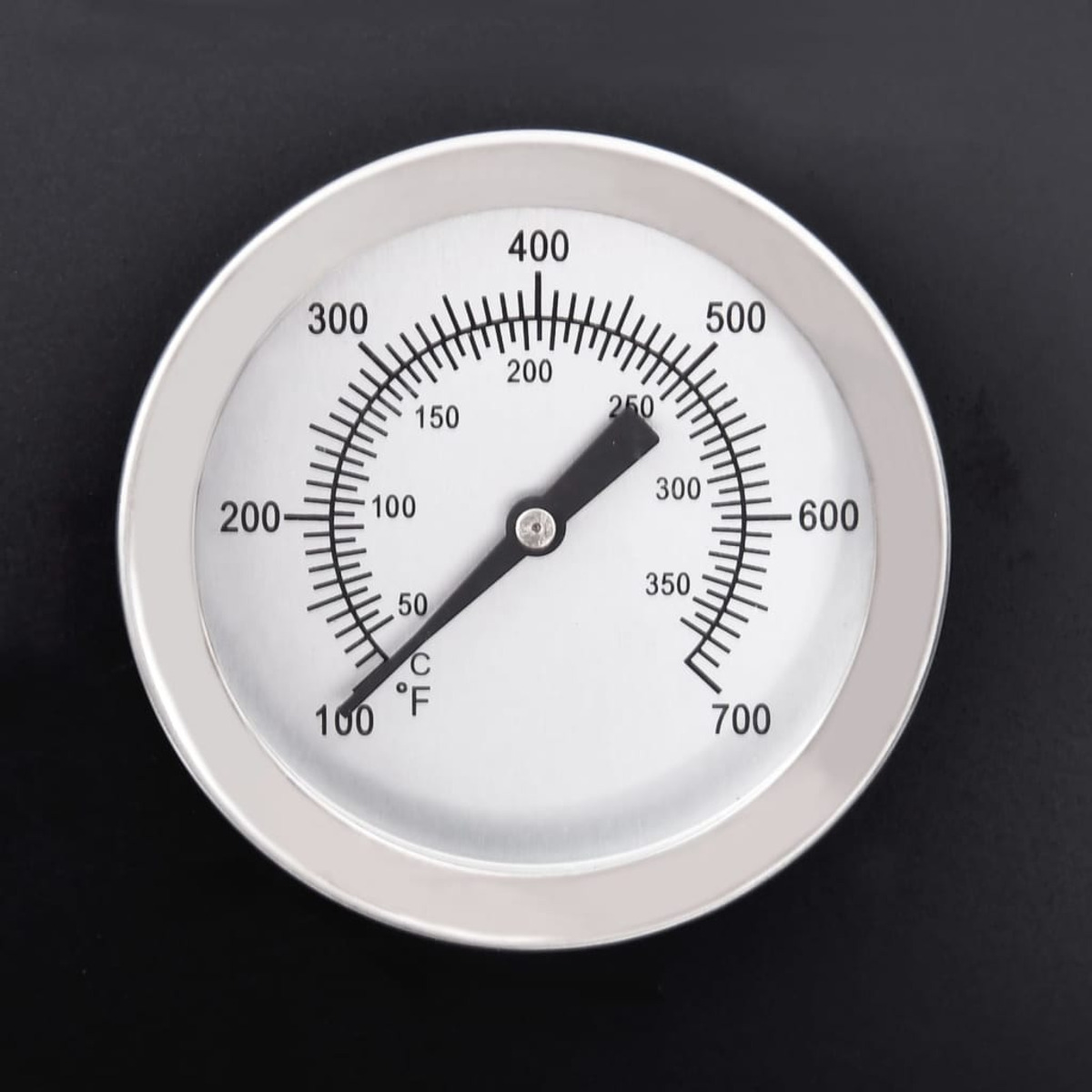 Thermometer mit weißem Zifferblatt und schwarzem Zeiger. Es zeigt die Temperatur in Celsius und Fahrenheit an.