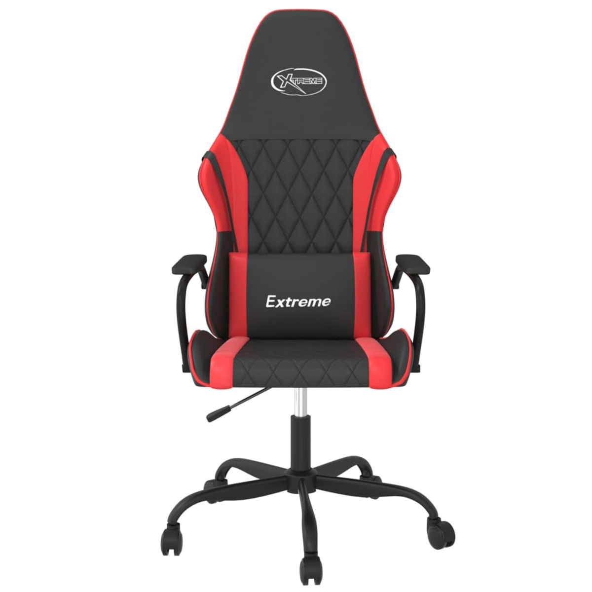 Schwarzer und roter Gaming-Stuhl. Er hat eine hohe Rückenlehne, das Wort "Extreme" steht drauf.