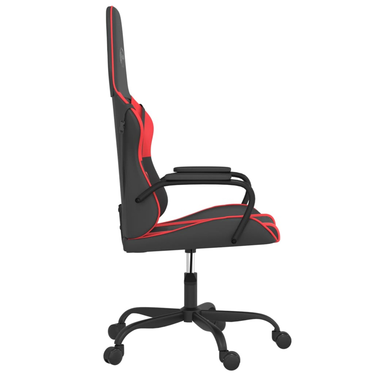 Seitenansicht eines schwarz-roten Gaming-Stuhls. Er hat eine hohe Rückenlehne. Weißer Hintergrund.