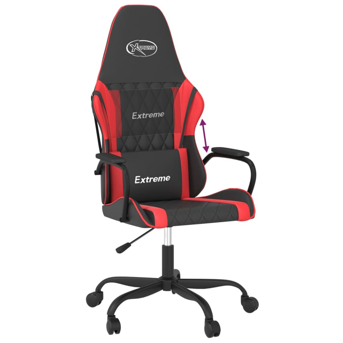 Gaming-Stuhl mit rotem und schwarzem Design, verstellbaren Armlehnen und Rädern.