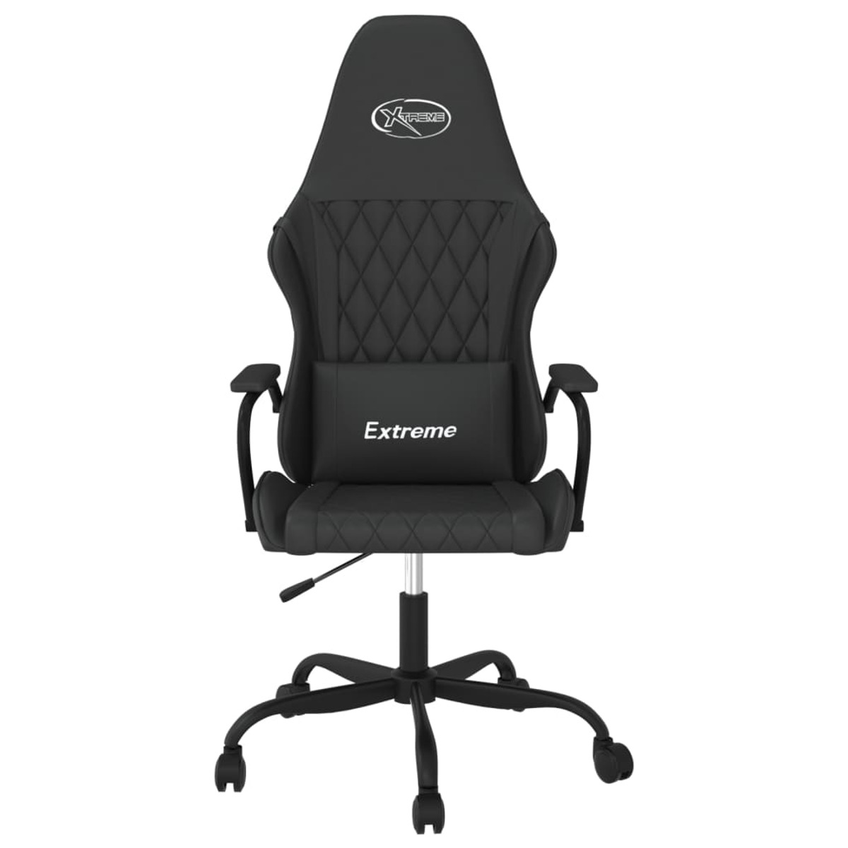 Schwarzer Gaming-Stuhl von vorne. Er hat eine Rautensteppung, Armlehnen und das Wort 'Extreme'.