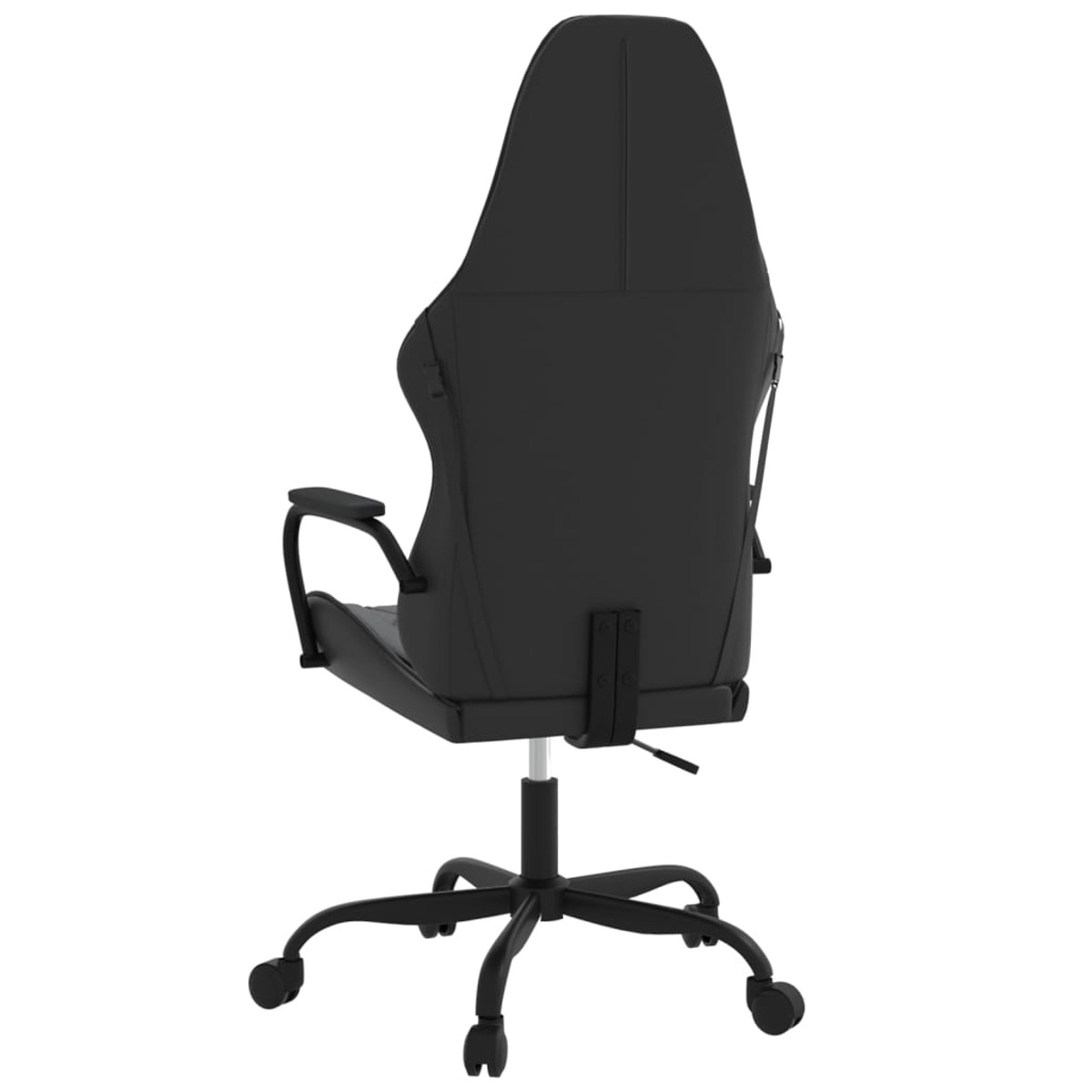 Rückansicht eines schwarzen Gaming-Stuhls. Er hat eine hohe Rückenlehne, Armlehnen und ein schwarzes Gestell.