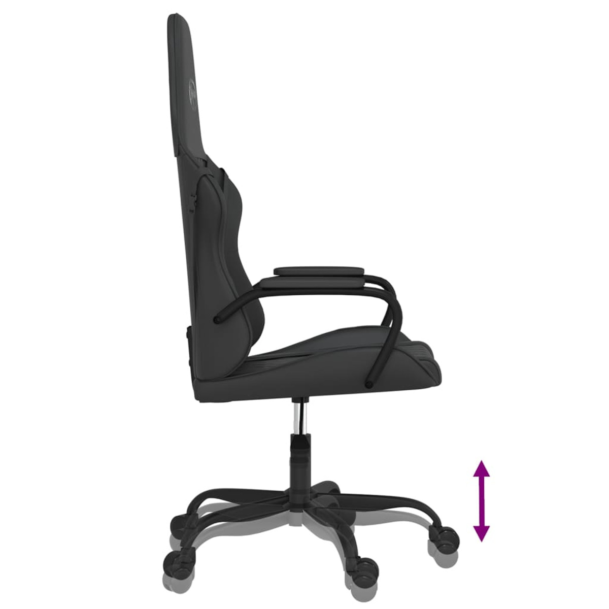 Schwarzer Gaming-Stuhl im Profil. Zeigt das ergonomische Design und die verstellbare Höhe des Stuhls.