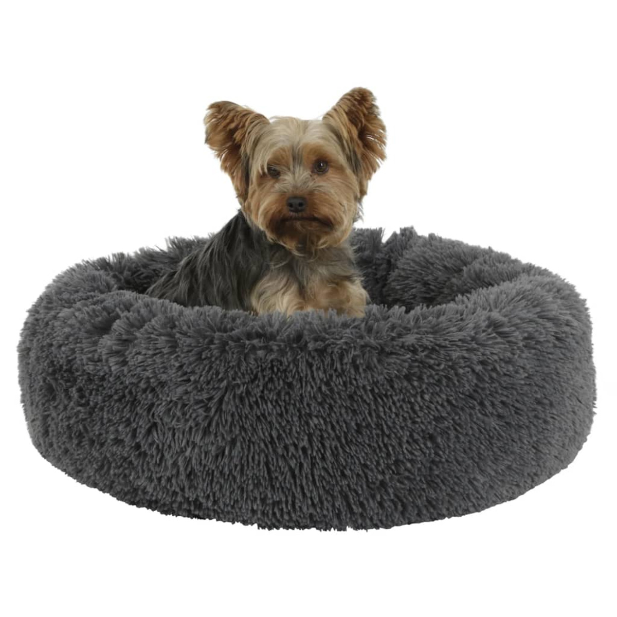 Ein kleiner Hund in einem flauschigen, grauen, runden Bett.