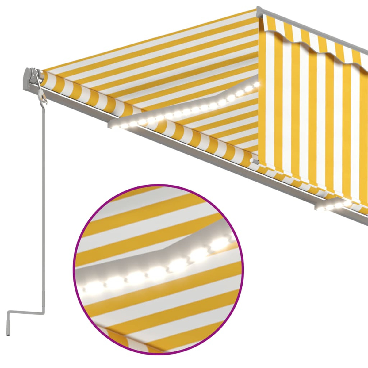 Gelb-weiß gestreifte Markise mit integrierten LED-Leuchten.