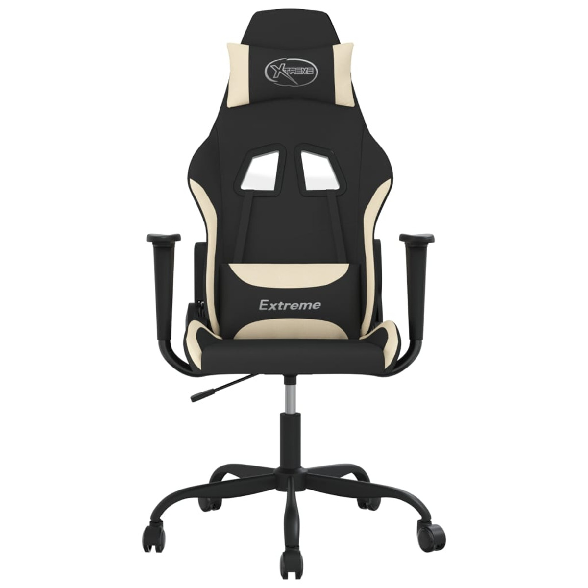 Schwarzer und weißer Gaming-Stuhl mit Kopfstütze und Armlehnen. Der Stuhl hat ein schwarzes Gestell.
