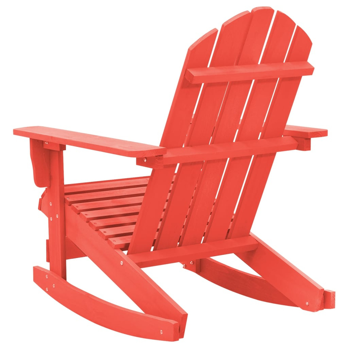 Roter Adirondack-Stuhl. Die Rückenlehne hat vertikale Lamellen und der Stuhl ist auf einer Wippe.