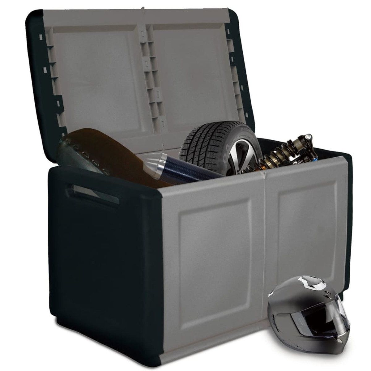 Offene Aufbewahrungsbox mit Autoteilen, Helm und Reifen im Inneren.
