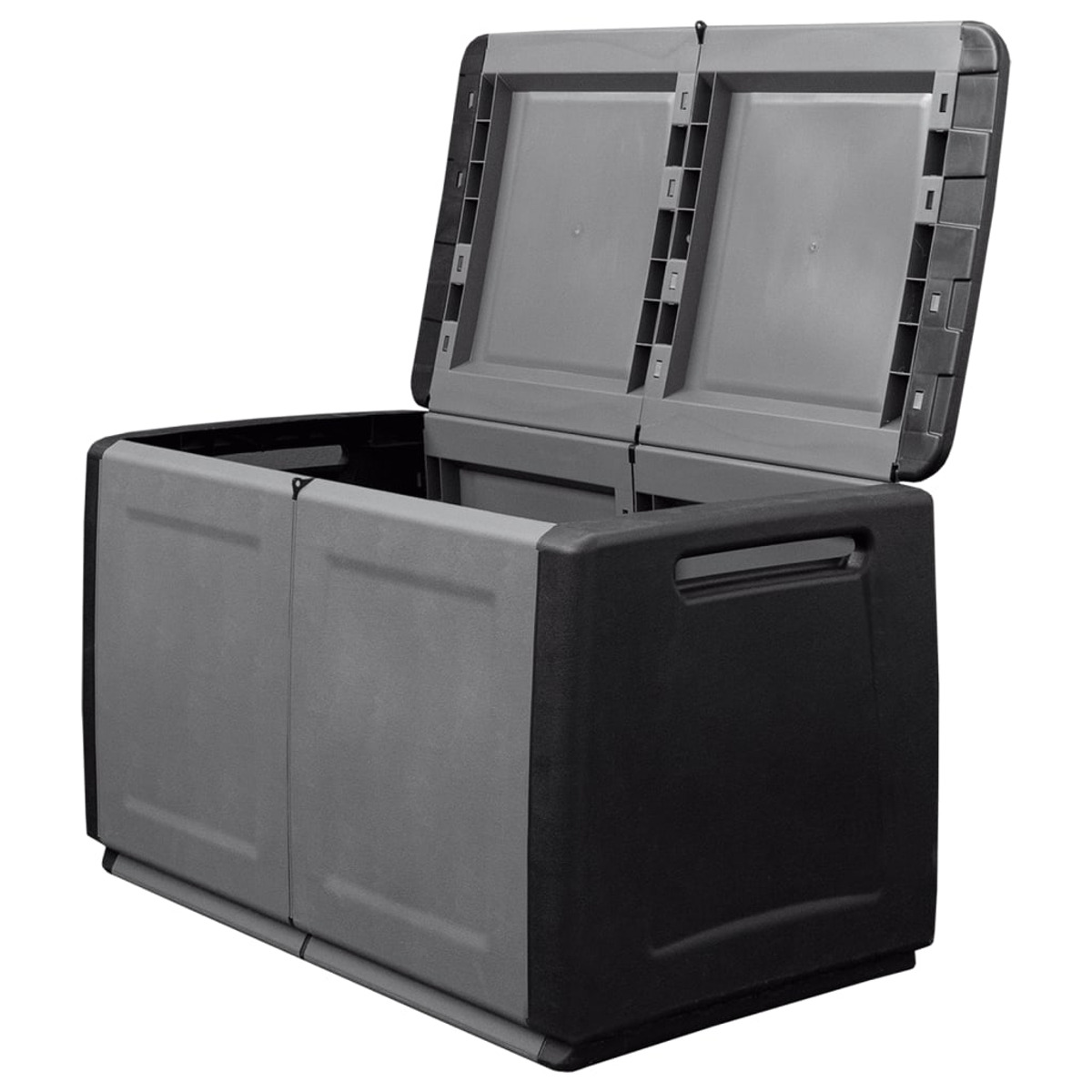 Aufbewahrungsbox, schwarz und grau, offener Deckel. Griff an der Vorderseite.