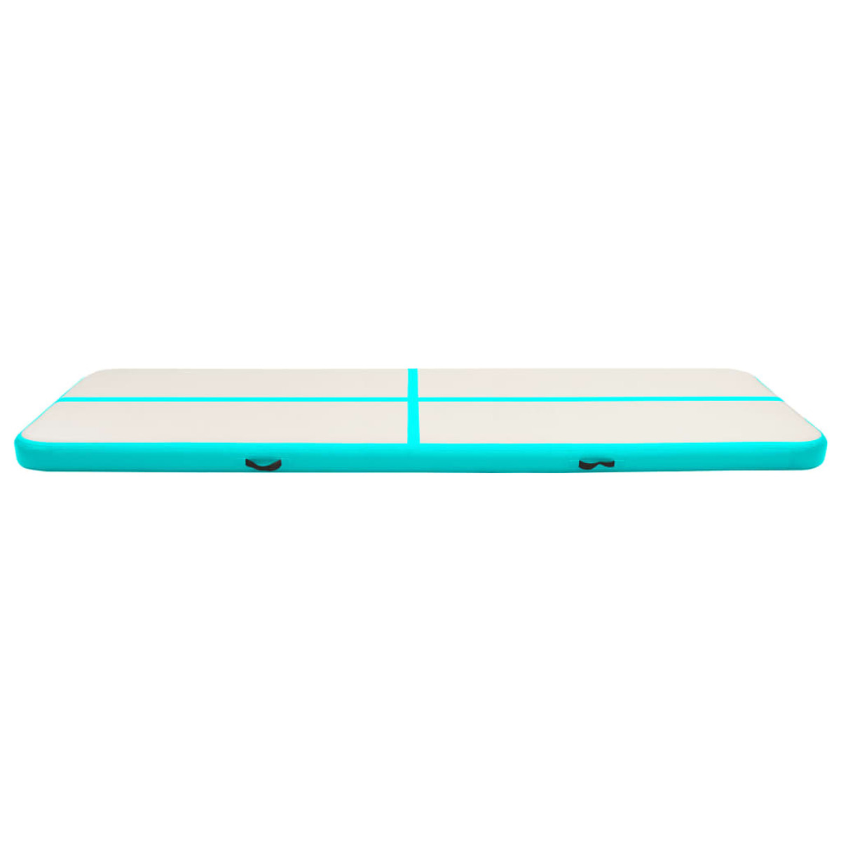 Colchoneta inflable Airtrack rectangular, lados turquesa, líneas centrales azules, fondo blanco.