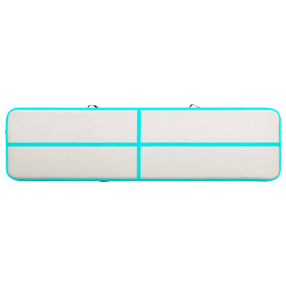 Una colchoneta de pista de aire rectangular blanca y turquesa. Tiene rayas azules y está sobre una superficie blanca.