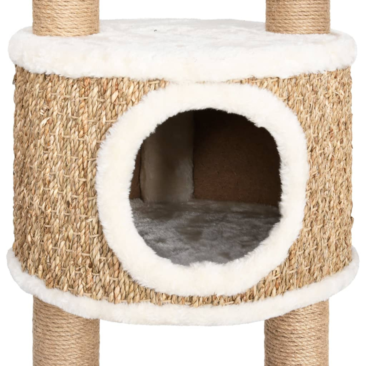 Ein Katzenbaum mit verschiedenen Ebenen, einschließlich einer Höhle und Kratzpfosten.