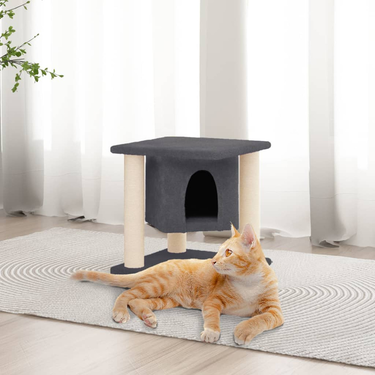 Orange Katze in der Nähe eines Katzenbaums. Weißer Teppich und Hintergrund.