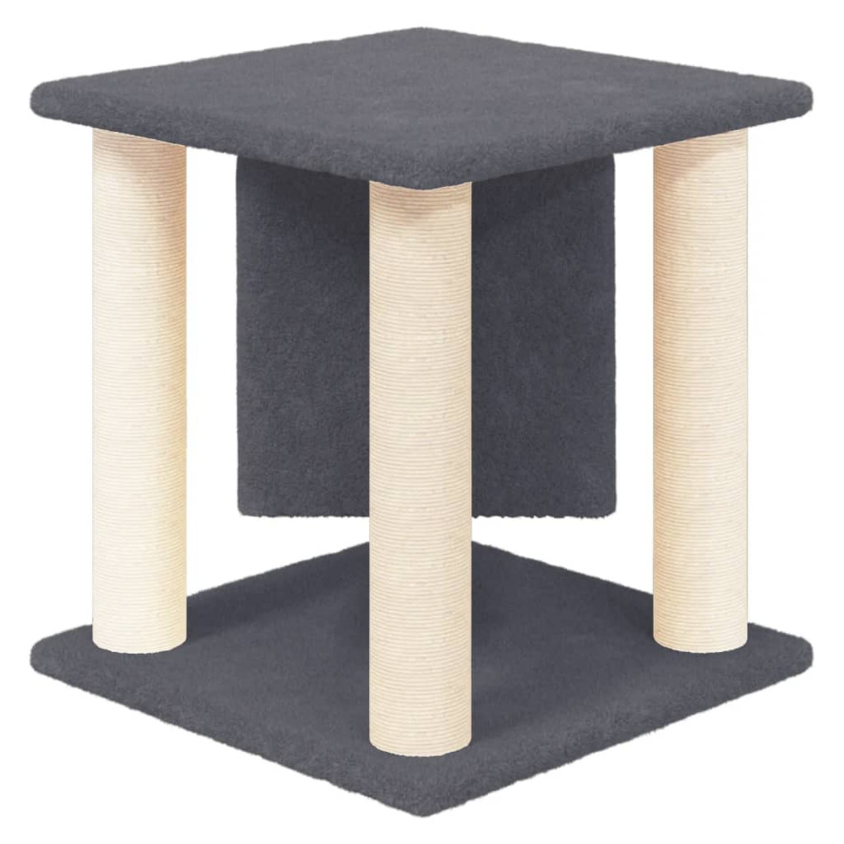 Katzenbaum mit grauen Plattformen, getragen von beigen, seilumwickelten Pfosten.