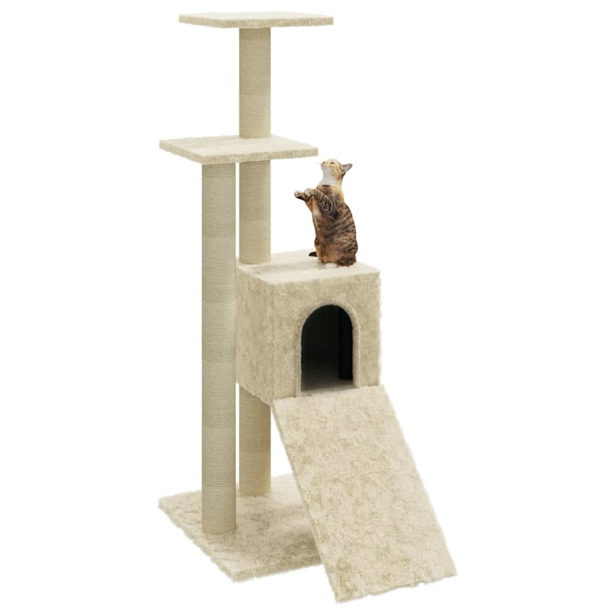 Kratzbaum mit beigen, mit Teppich bedeckten Oberflächen. Eine Katze ist oben, blickt nach oben. Pfosten sind mit Seil umwickelt.