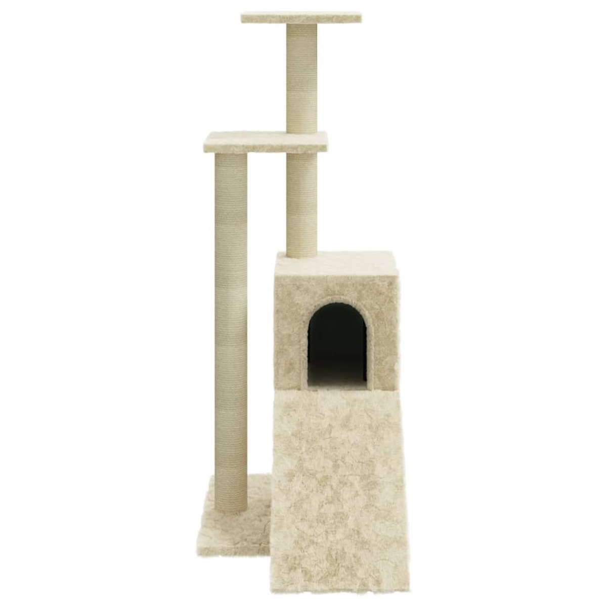 Beiger Kratzbaum mit mehreren Plattformen, Kratzpfosten und einem Katzenhaus.