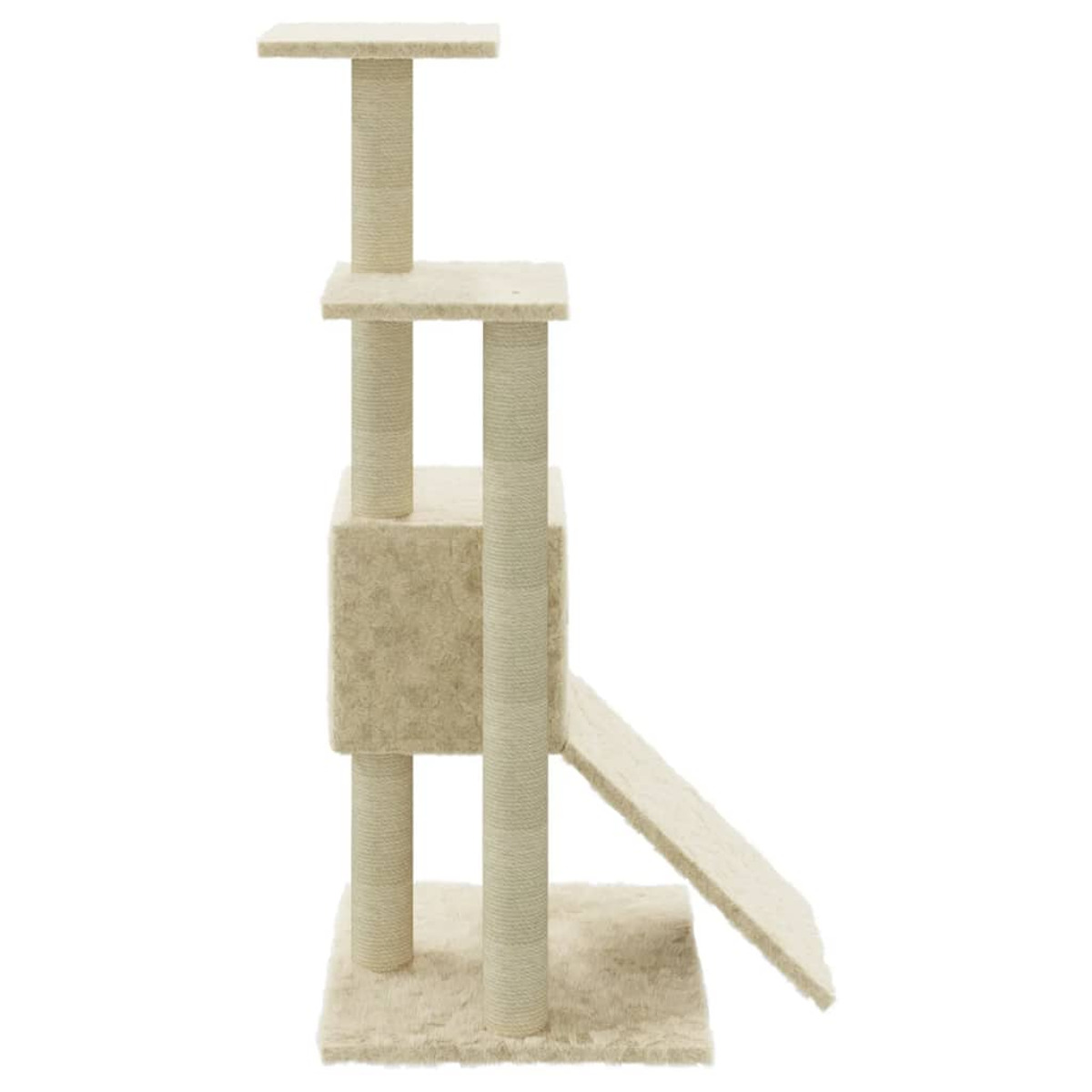 Ein beiger Katzenbaum mit mehreren Plattformen, Kratzbäumen und einer Rampe.