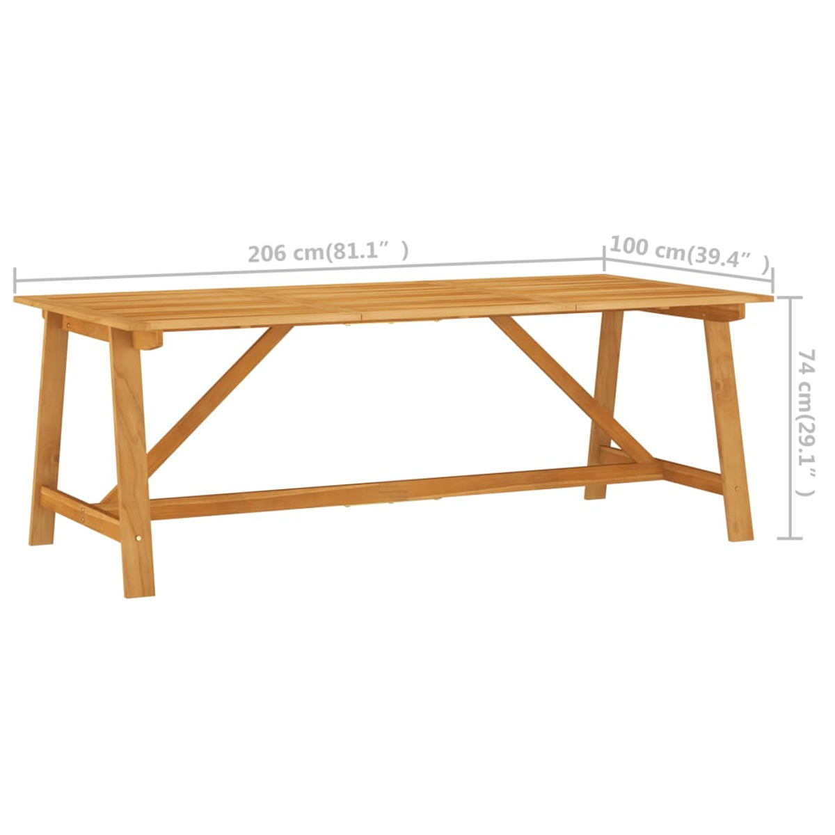 Holz-Esstisch im Freien mit den Maßen: 206 cm x 100 cm x 74 cm, vor weißem Hintergrund.
