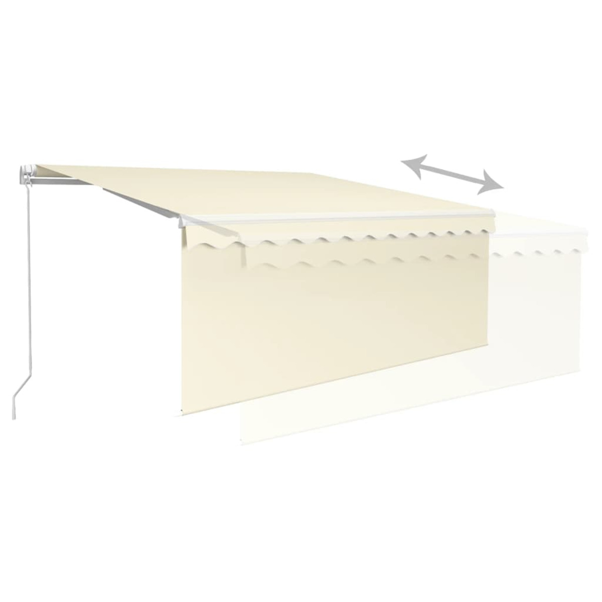 Beige Markise ausgefahren, mit gewelltem Rand, weißer Hintergrund, Pfeile zeigen Bewegung.