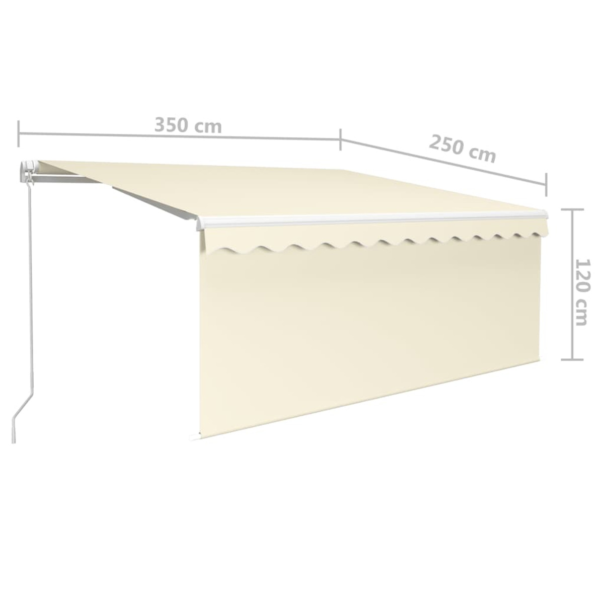 Beige ausziehbare Markise mit Abmessungen. Weißer Hintergrund.