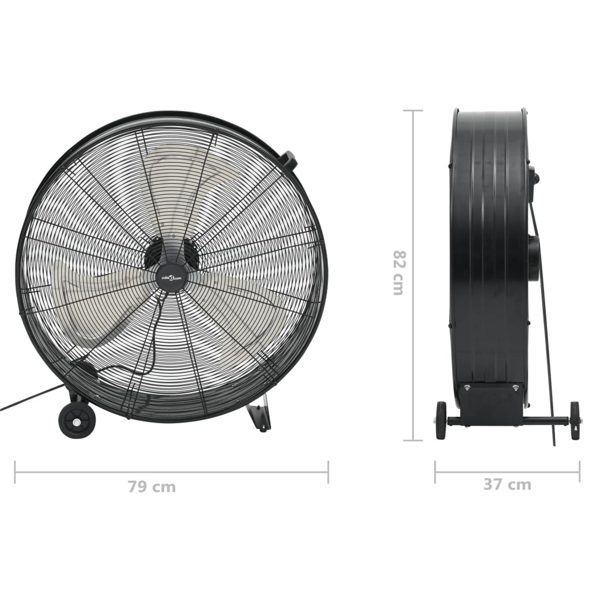 Grande ventilatore industriale nero con una gabbia di sicurezza, mostrato con dimensioni.