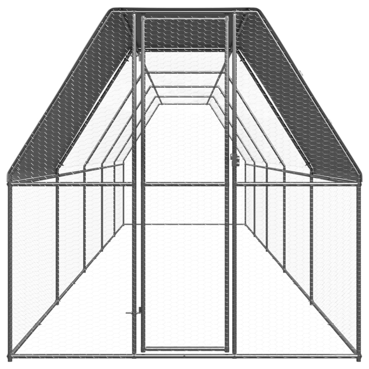 Eine Metall-Hundehütte mit Dach. Von vorne betrachtet.