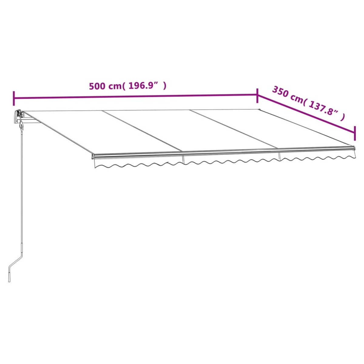 Markise mit Abmessungen in cm/Zoll. Weißes, einziehbares Design.