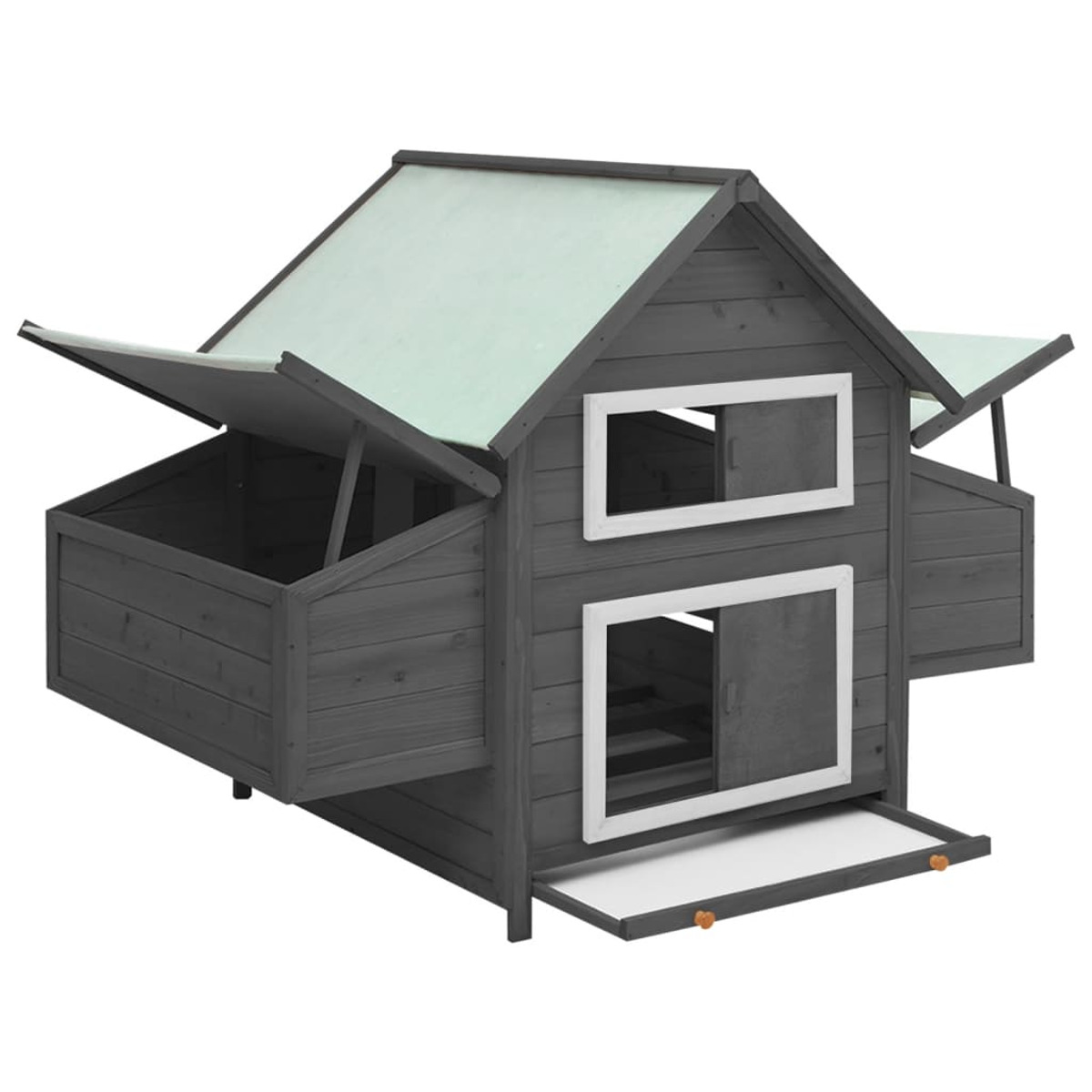 Hühnerstall aus Holz mit offenen Türen und Dach.