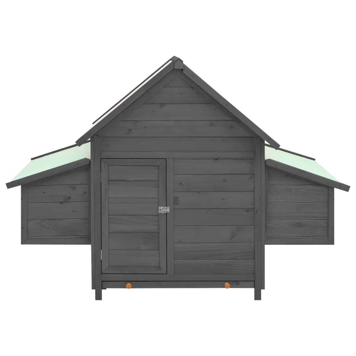 Grauer Hühnerstall aus Holz mit Tür und Seitenerweiterungen, weißer Hintergrund.