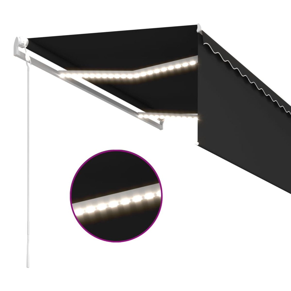 Schwarze Markise mit weißem Rahmen und LED-Leuchten. Kreisförmiges Detail zeigt beleuchtete Lichter.