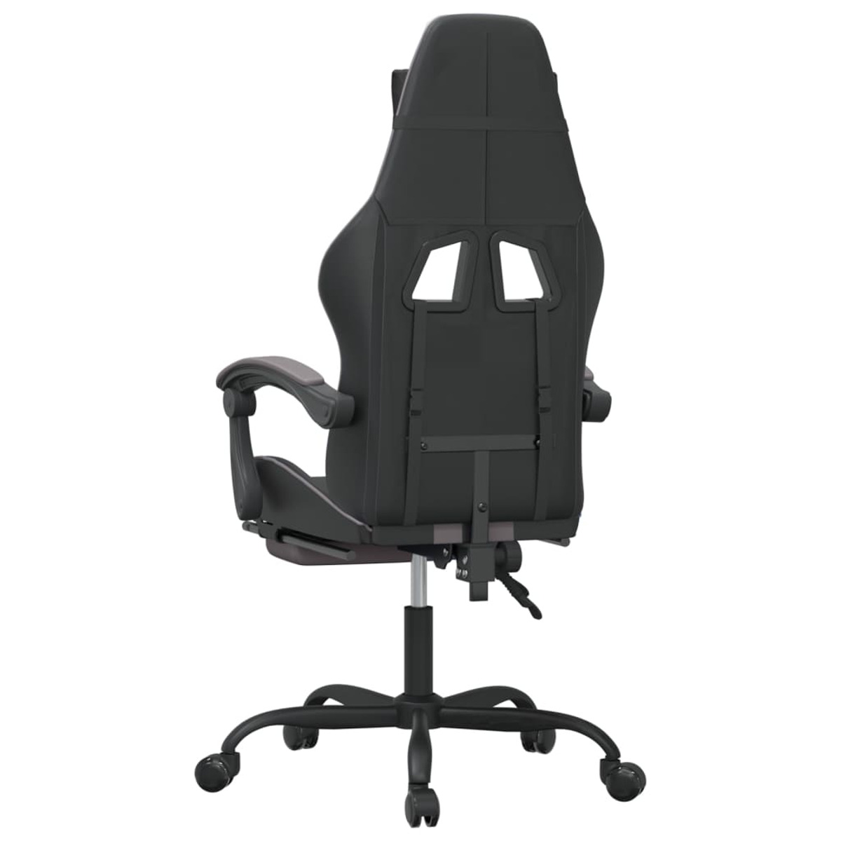 Gaming-Stuhl, schwarze Farbe, Rückansicht. Hoher Rücken, zwei Löcher. Weißer Hintergrund.