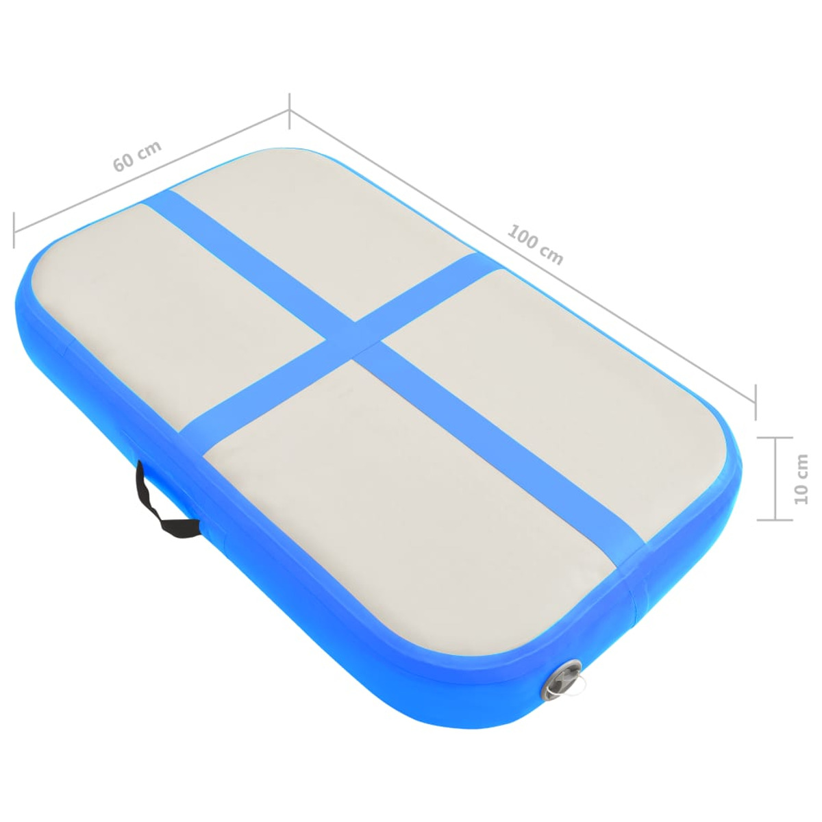 Materassino ginnico gonfiabile blu e bianco con dimensioni, su sfondo bianco.
