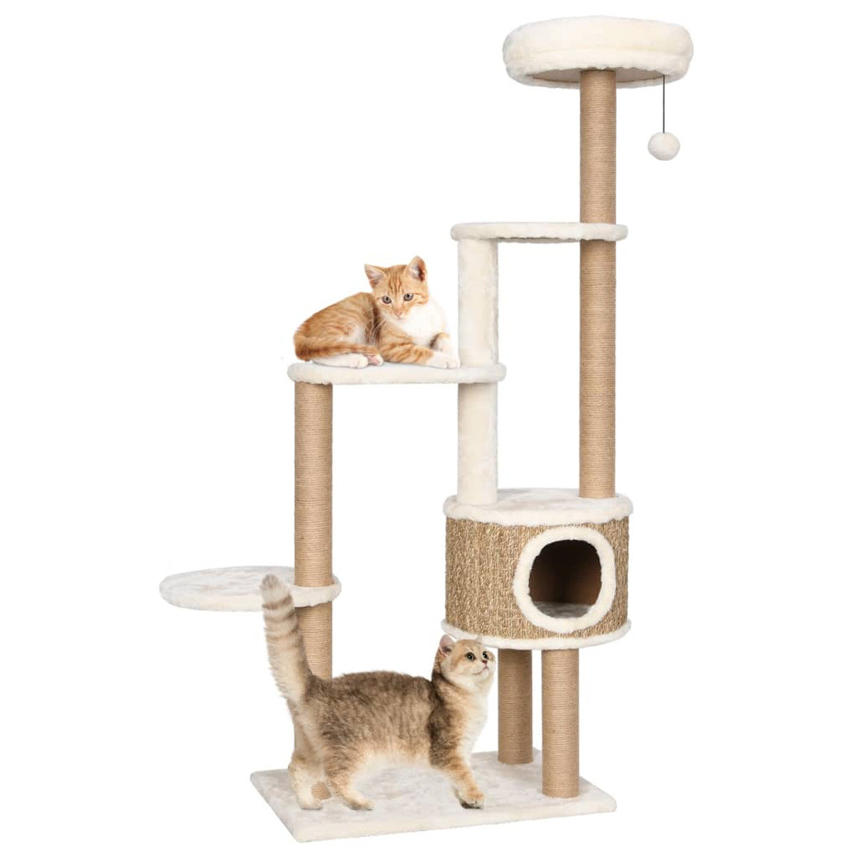 Kratzbaum mit zwei Katzen. Eine orange Katze sitzt auf einer Plattform, eine andere schaut nach oben.