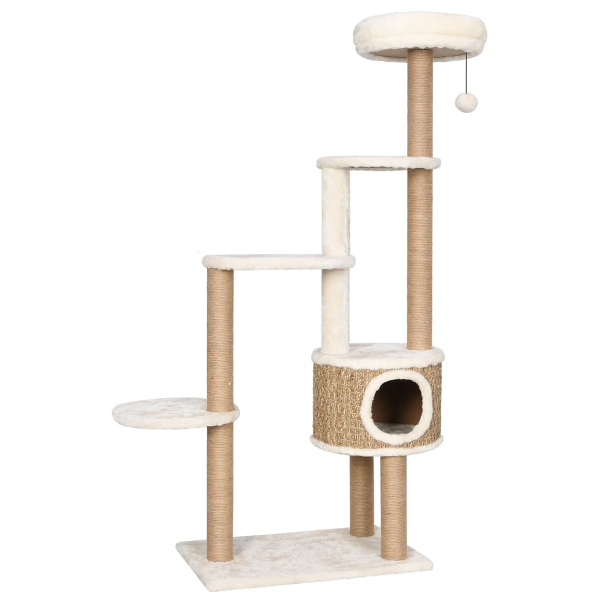 Ein beiger Katzenbaum mit mehreren Ebenen, Kratzbäumen, einem Tunnel und einem hängenden Spielzeug.