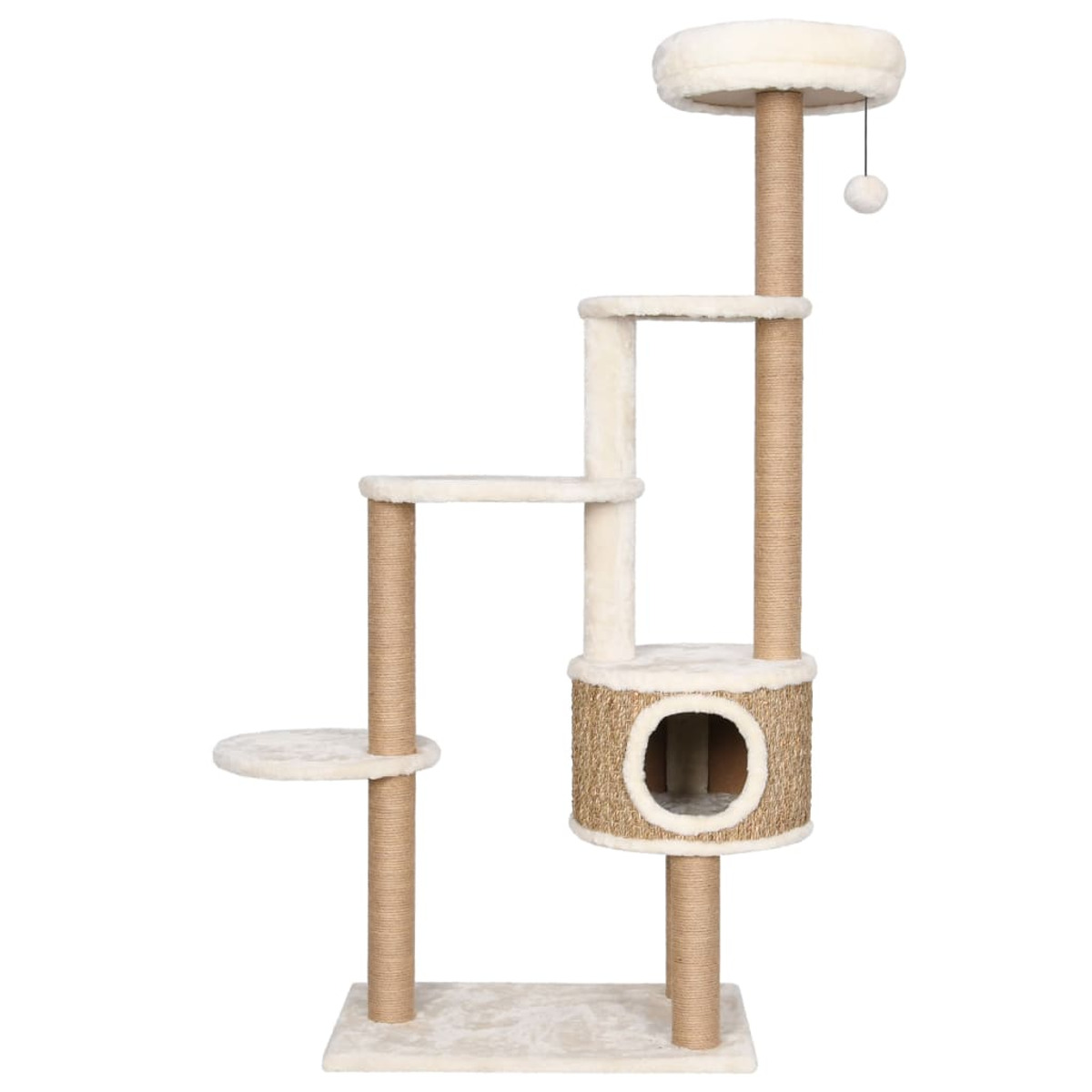 Mehrstöckiger Katzenbaum in Beige- und Brauntönen. Merkmale sind Plattformen, ein Condo und ein Ball.