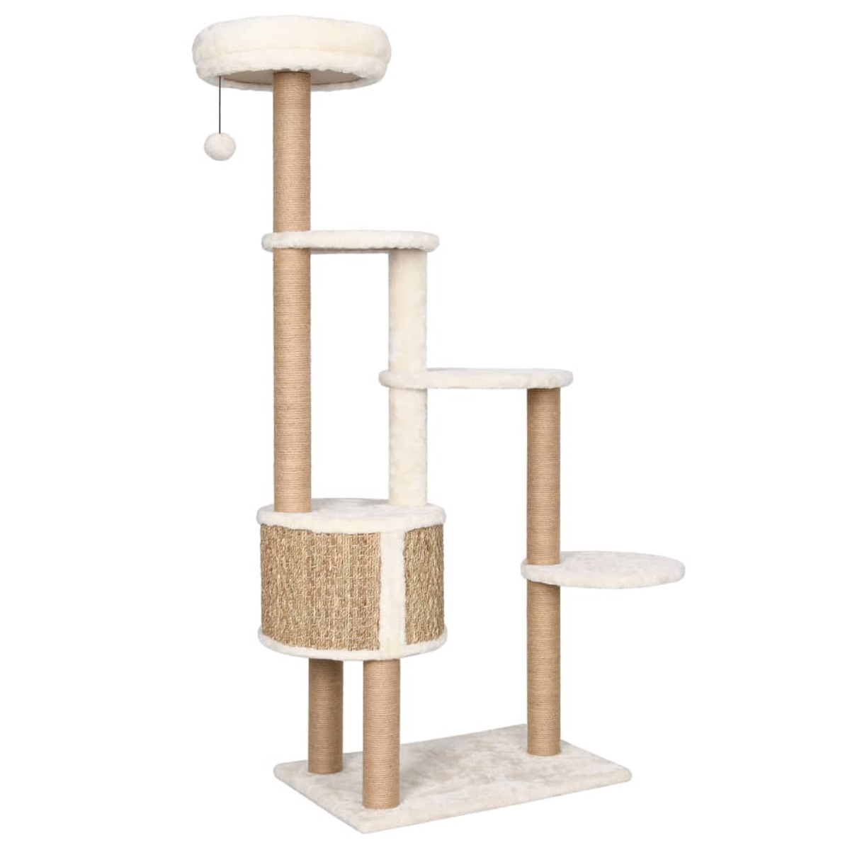 Ein hoher Katzenbaum mit mehreren Ebenen, bedeckt mit beige und braunen Materialien.