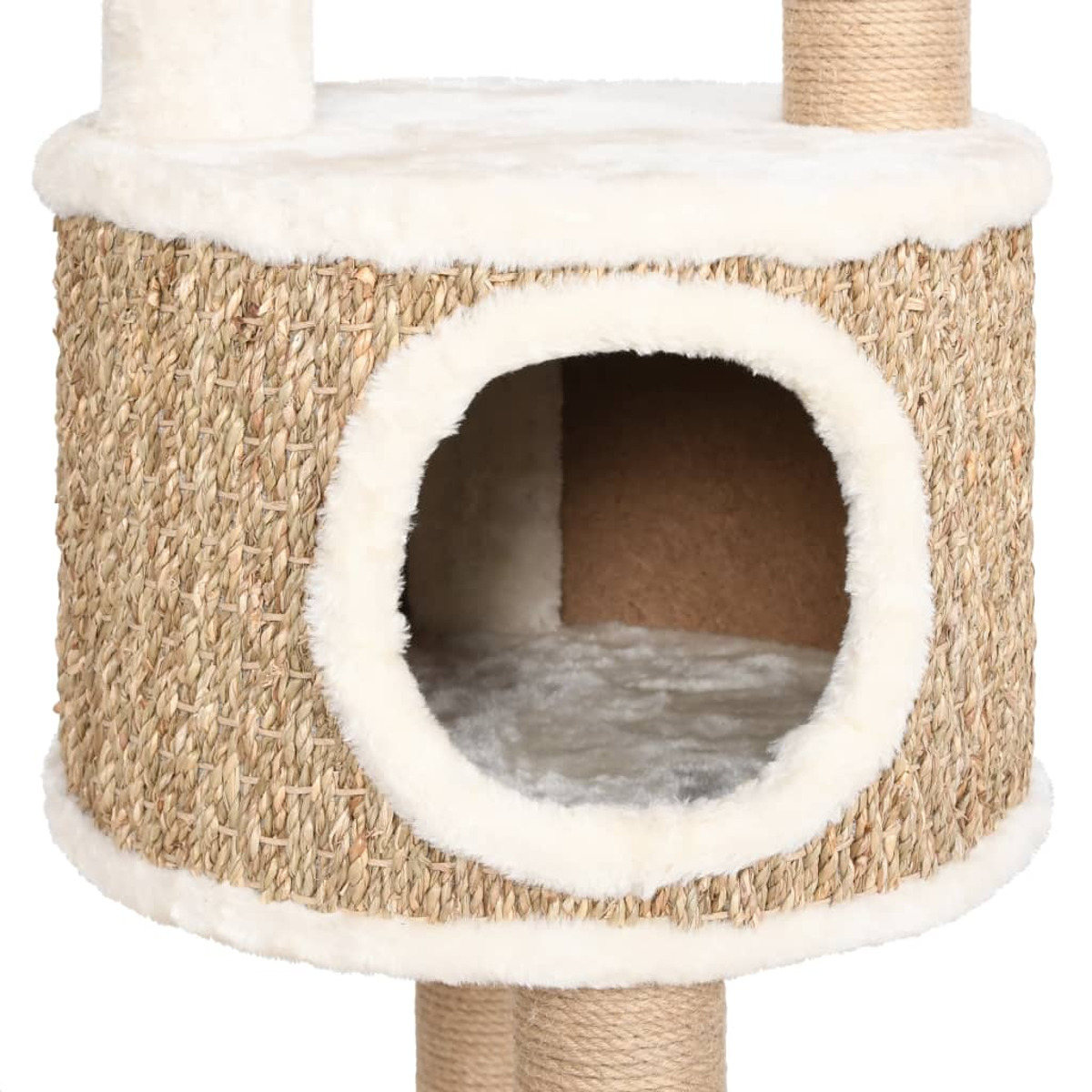 Kratzbaum mit gewebtem Sisal, weißer Zierleiste und einer zentralen Öffnung. Beige und Weiß dominieren.