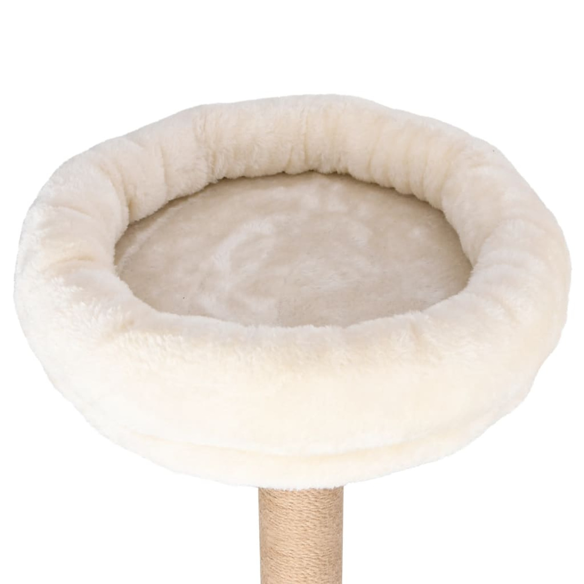 Katzenbaum mit cremefarbenem, flauschigem Bett oben auf einer beigen Säule.