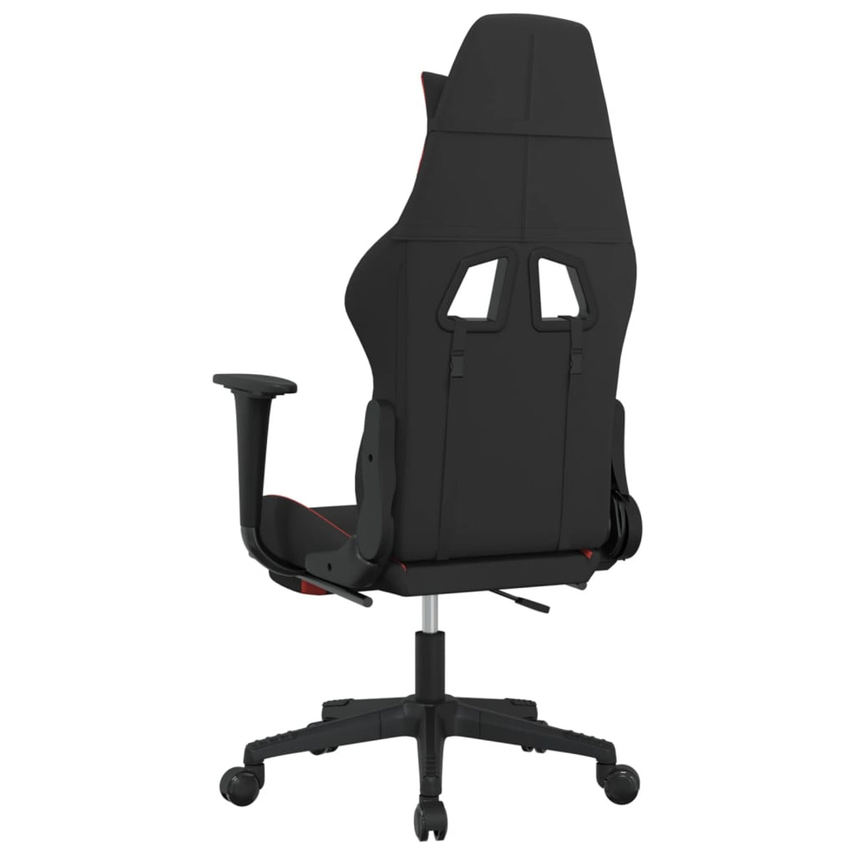 Schwarzer Gaming-Stuhl, Rückansicht. Rote Akzente. Schwarze Basis mit Rädern.