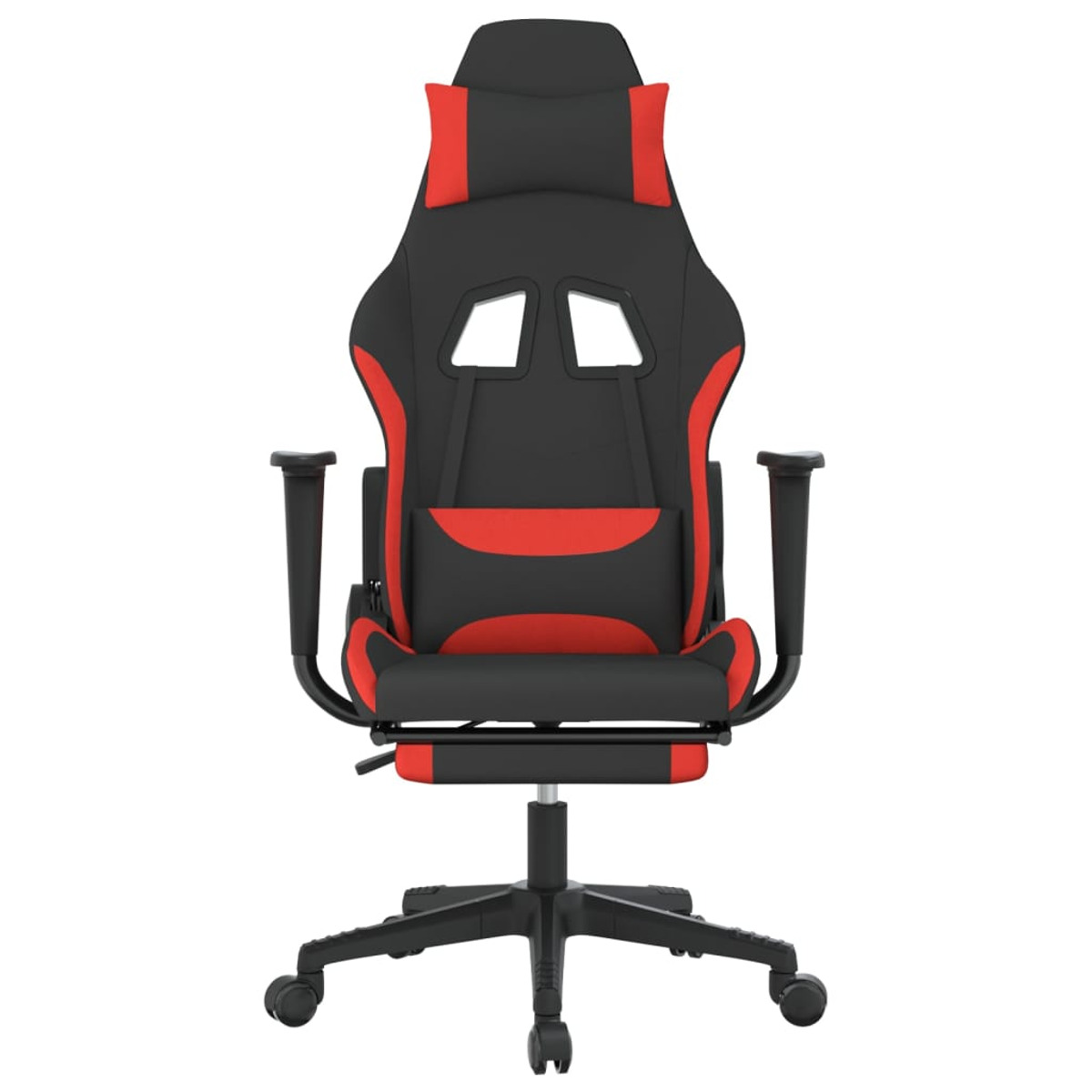 Schwarz-roter Gaming-Stuhl. Merkmale umfassen Kopfstütze, Armlehnen und eine rollbare Basis.